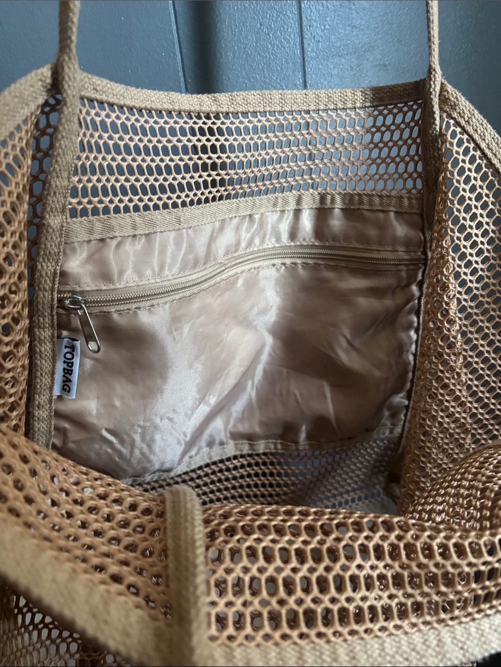 Mesh Beach Summer Tote Bag in Tan - Lightweight Everyday Carry - Picture 4 of 6